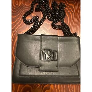 Badgley‎ Mischka Black Leather Crossbody Bag Chunky Chain Strap BM Logo Flap Bag